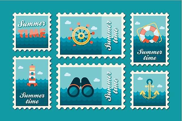 EPS 해외이미지 영어 일러스트 등대 사람없음 파란색 세트 쌍안경 키_배핸들 닻 우표 구명부환 해외일러스트 문자 컬러 망원경 안전장비 핸들 튜브 파일형식 벡터 이미지허브