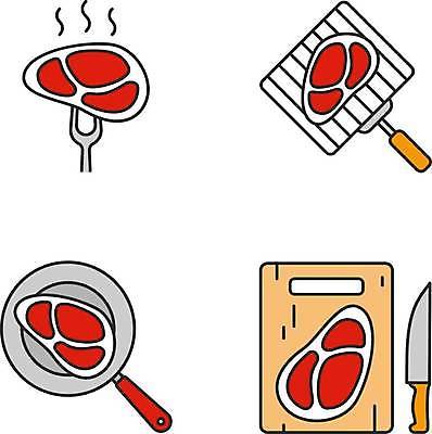 EPS 해외이미지 일러스트 도마 육류 요리 사람없음 프라이팬 그릴 식칼 고기포크 엘리먼트 해외일러스트 포크 식재료 주방용품 파일형식 벡터 이미지허브