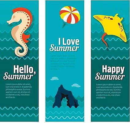 EPS 해외이미지 배너 세로배너 파도 바다 일러스트 사람없음 파란색 바위섬 가오리 해마 패러세일링 배너세트 해외일러스트 컬러 섬 어류 세로 레포츠 세트 바다동물 파일형식 벡터 이미지허브