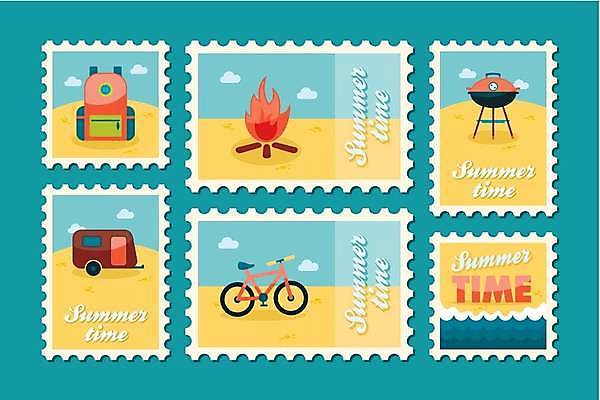 EPS 해외이미지 하늘색 가방 일러스트 해변 사람없음 노란색 자전거 캠핑 그릴 모닥불 우표 캠핑트레일러 해외일러스트 잡화 바다 컬러 주방용품 불 레저 파란색 바이크 트레일러 파일형식 벡터 이미지허브