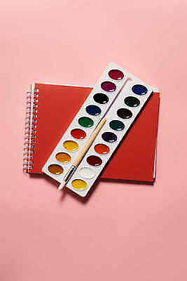 포토 JPG 해외이미지 미술 취미 사람없음 물감 붓 팔레트 스프링노트 분홍색배경 해외포토 분홍색 백그라운드 문화예술 공책 미술도구 파일형식 이미지허브