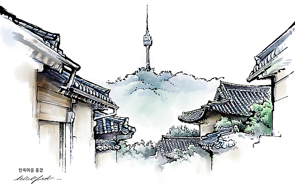 PSD 한국전통 일러스트 붓터치 나뭇잎 수채화 한옥 서울 거리풍경 사람없음 관광지 도시풍경 도심 번짐 기와지붕 한옥마을 남산 남산타워 서울특별시 핫플레이스 국내일러스트 전통 여행 고건축 잎 지붕 거리 한국 기와 풍경 마을 장소 도시 랜드마크 파일형식 효과