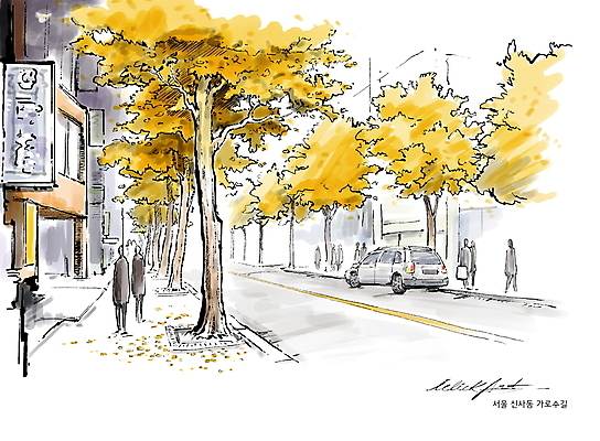 전신 PSD 도로 길 일러스트 자동차 붓터치 수채화 간판 서울 한국 거리풍경 사람 여러명 건물 관광지 도시풍경 걷기 가을 보행로 도심 가로수 은행잎 번짐 은행나무 서울특별시 핫플레이스 국내일러스트 나무 건축물 계절 아시아 육상교통 여행 다수 잎 교통시설 모션 거리 풍경 장소 도시 파일형식 효과