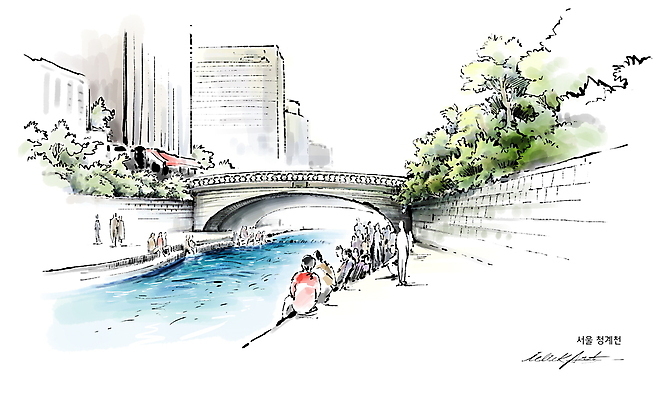 전신 PSD 나무 일러스트 붓터치 휴식 나뭇잎 수채화 서울 한국 거리풍경 서기 사람 앉기 빌딩 여러명 건물 관광지 도시풍경 도심 번짐 청계천 서울특별시 가교 핫플레이스 국내일러스트 식물 건축물 아시아 여행 다수 컨셉 잎 모션 거리 풍경 강 장소 도시 랜드마크 파일형식 효과