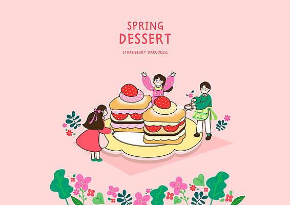 전신 PSD 접시 여자 남자 분홍색 잎 일러스트 딸기 디저트 서기 들기 상반신 성인 세명 앞치마 봄 만세 들꽃 달콤 소인 슈가파우더 성인만 다쿠아즈 국내일러스트 식물 식기 계절 꽃 음식 컬러 과일 모션 사람 맛 파일형식