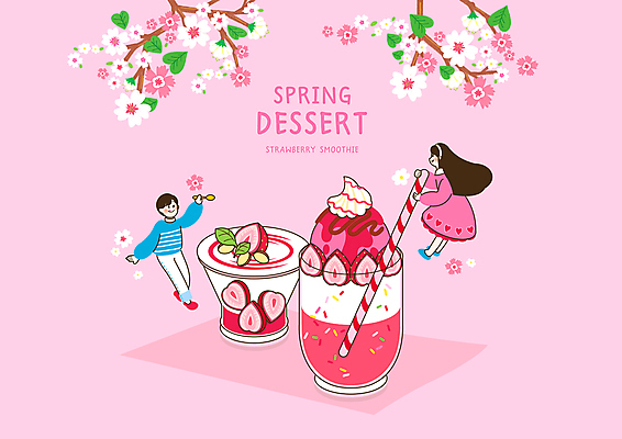 전신 PSD 여자 남자 분홍색 잎 일러스트 딸기 디저트 빨대 들기 성인 두명 숟가락 봄 벚꽃 나뭇가지 비행 달콤 생크림 요거트 소인 딸기스무디 성인만 국내일러스트 나무 식물 계절 꽃 음식 컬러 과일 모션 유제품 수저 사람 맛 크림 스무디 파일형식