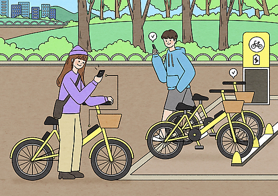 전신 PSD 나무 공원 여자 남자 일러스트 들기 성인 두명 건물 스마트폰 걷기 잡기 풀 연결 스마트 주머니손 편리함 연동 자전거주차 자전거주차장 전기자전거 성인만 스마트모빌리티 모빌리티 국내일러스트 식물 건축물 공공시설 교통수단 컨셉 모션 사람 핸드폰 스마트기기 자전거 주차 주차장 파일형식