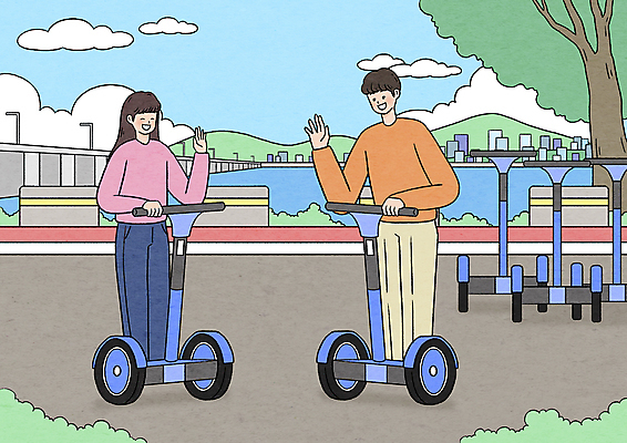 전신 PSD 나무 구름 공원 여자 남자 일러스트 하늘 산 웃음 성인 두명 건물 강 잡기 풀 승차 스마트 손인사 편리함 세그웨이 성인만 스마트모빌리티 자율주행 모빌리티 국내일러스트 자연요소 식물 건축물 공공시설 육상교통 교통수단 컨셉 모션 표정 사람 운전 인사 파일형식 4차산업