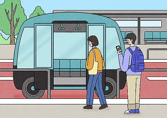 전신 PSD 여자 남자 일러스트 버스 서기 들기 성인 두명 울타리 걷기 차도 버스정류장 승차 스마트 백팩 편리함 성인만 스마트모빌리티 자율주행 모빌리티 국내일러스트 도로 육상교통 교통수단 컨셉 가방 모션 대중교통 사람 담장 운전 역 파일형식 4차산업