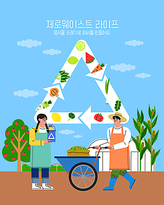 전신 나무 구름 여자 남자 화살표 하늘색 과일 일러스트 옥수수 서기 들기 성인 두명 자연보호 수레 재활용 농부 양동이 순환 거름 음식물쓰레기 성인만 제로웨이스트 재활용표시 국내일러스트 AI파일 자연요소 식물 직업 모션 자연 표시 곡류 사람 파란색 그린캠페인 카트 보호 쓰레기 사회이슈 친환경 파일형식 벡터