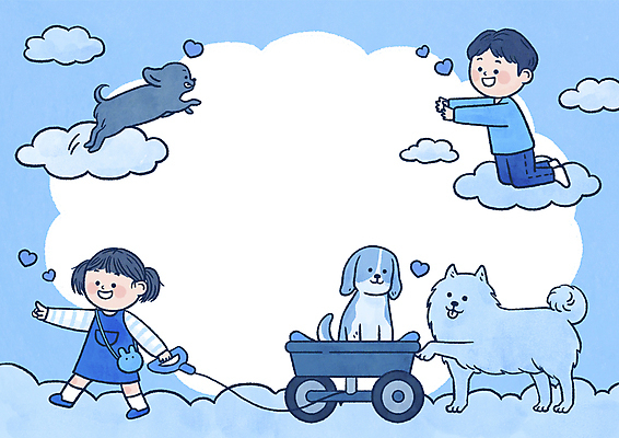 전신 PSD 구름 여자 남자 반려견 어린이 하늘색 일러스트 놀이 프레임 종류 세마리 소녀 소년 두명 점프 수레 하트 당기기 강아지 무릎꿇기 프레임일러스트 어린이만 국내일러스트 자연요소 모양 모션 3 사람 파란색 반려동물 카트 개 파일형식