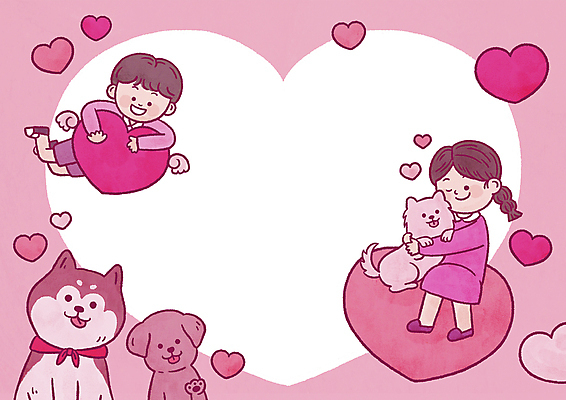 PSD 여자 남자 반려견 어린이 분홍색 날개 일러스트 안기 포옹 놀이 프레임 세마리 앉기 소녀 소년 두명 하트 강아지 프레임일러스트 어린이만 시바견 국내일러스트 모양 컬러 모션 3 사람 반려동물 개 파일형식