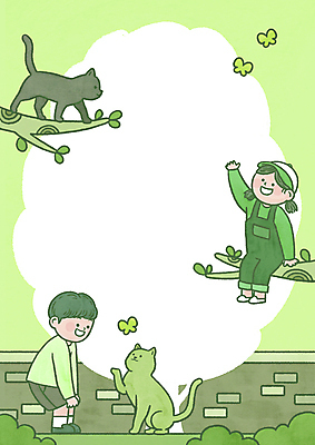 PSD 나무 여자 남자 어린이 나비 여러마리 일러스트 놀이 프레임 앉기 소녀 소년 두명 초록색 연두색 담장 손들기 고양이 나뭇가지 하트 풀 프레임일러스트 어린이만 반려묘 국내일러스트 모양 식물 컬러 다수 곤충 포유류 모션 사람 반려동물 파일형식