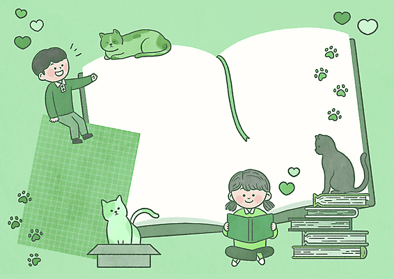 전신 PSD 여자 남자 어린이 일러스트 놀이 프레임 세마리 앉기 소녀 소년 두명 책 초록색 상자 독서 손들기 고양이 하트 발자국 책더미 프레임일러스트 어린이만 반려묘 국내일러스트 모양 컬러 포유류 자국 모션 3 사람 반려동물 무더기 파일형식