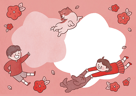 PSD 여자 남자 꽃 반려견 어린이 허리손 두마리 일러스트 놀이 나뭇잎 프레임 소녀 소년 두명 빨간색 손들기 잡기 푸들 메롱 프레임일러스트 어린이만 시바견 국내일러스트 식물 컬러 포즈 잎 2 모션 사람 반려동물 개 파일형식