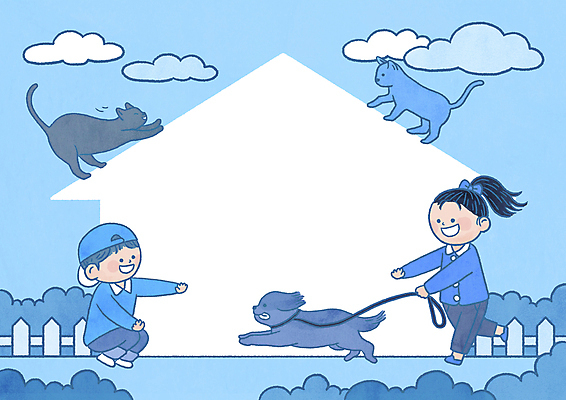 PSD 구름 여자 남자 반려견 어린이 일러스트 놀이 지붕 프레임 세마리 소녀 소년 두명 파란색 달리기 고양이 산책 잡기 환영 목줄 프레임일러스트 어린이만 집모양 국내일러스트 자연요소 모양 컬러 포유류 모션 휴식 3 사람 반려동물 개 파일형식 반려용품