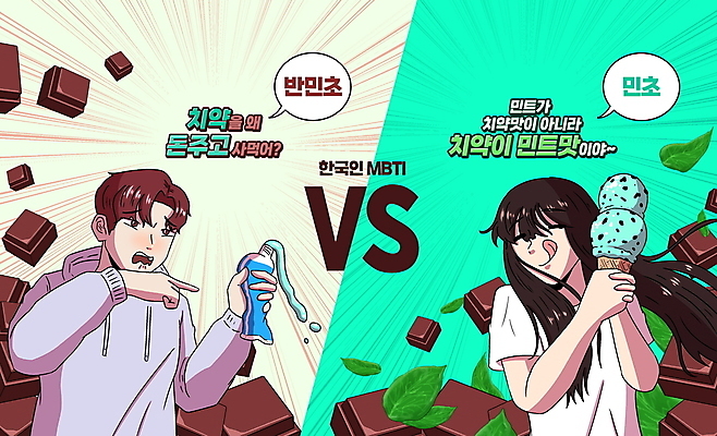 PSD 커플 여자 남자 말풍선 일러스트 아이스크림 들기 상반신 성인 타이포그라피 두명 초콜릿 경쟁 가리킴 찡그림 민트 메롱 치약 민트색 베이지색 성인만 MBTI 민트초코 국내일러스트 문자 컬러 컨셉 관계 모션 디저트 표정 사람 손짓 위생용품 허브 파일형식