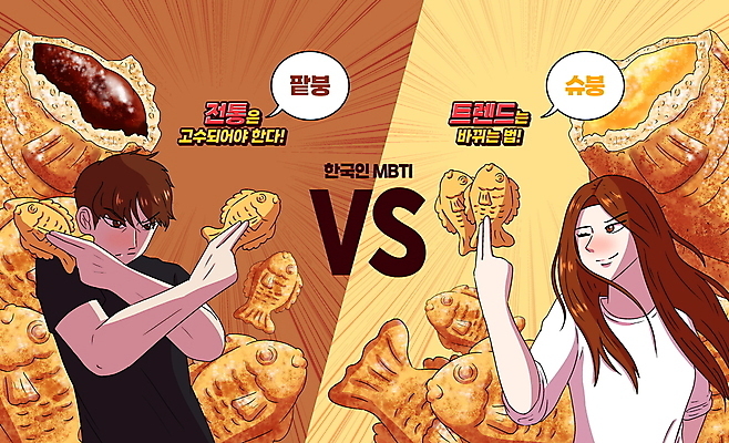 PSD 전통 커플 여자 남자 말풍선 일러스트 들기 상반신 성인 타이포그라피 두명 노란색 유행 경쟁 팥 붕어빵 베이지색 성인만 슈크림붕어빵 MBTI 국내일러스트 문자 빵 컬러 컨셉 관계 모션 사람 겨울간식 파일형식