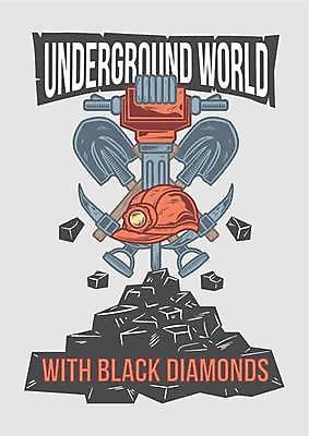 EPS 해외이미지 디자인 포스터 일러스트 사람없음 검은색 빈티지 안전모 광석 삽 다이아몬드 곡괭이 광산 대칭 해외일러스트 컬러 컨셉 헬멧 안전장비 보석 파일형식 벡터 이미지허브