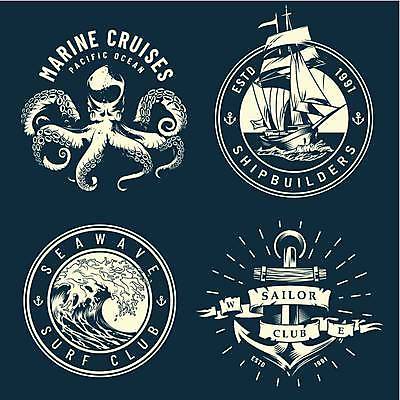 EPS 해외이미지 파도 스티커 일러스트 사람없음 세트 라벨 빈티지 원형 남색 심볼 문어 닻 해외일러스트 도형 바다 컬러 컨셉 연체동물 프레임 수중동물 파일형식 벡터 이미지허브