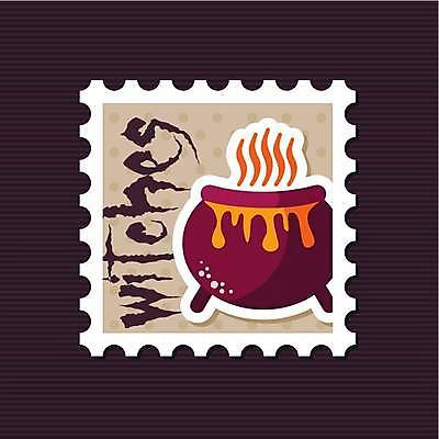 EPS 해외이미지 일러스트 사람없음 갈색 보라색 할로윈 연기 가마솥 우표 해외일러스트 컬러 솥 파일형식 벡터 이미지허브