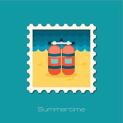 EPS 해외이미지 일러스트 해변 사람없음 여름 파란색 노란색 주황색 산소통 우표 해외일러스트 계절 바다 컬러 통 파일형식 벡터 이미지허브
