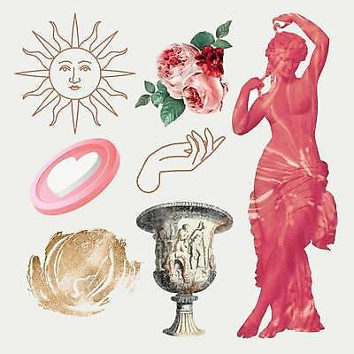 EPS 해외이미지 꽃 일러스트 잔 사람없음 세트 도장 태양 하트 빈티지 라인아트 복고 콜라주 손모양 인물조각상 성배 해외일러스트 자연요소 모양 식물 식기 선 컨셉 조각상 파일형식 벡터 손_신체부위 이미지허브