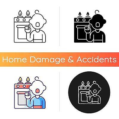 EPS 해외이미지 디자인 남자 어린이 라인일러스트 일러스트 안전 소년 여러명 세트 가리킴 가스레인지 위험 사건 화재 화재예방 소년만 해외일러스트 다수 컨셉 사람 손짓 가전제품 레인지 예방 남자만 어린이만 파일형식 벡터 이미지허브
