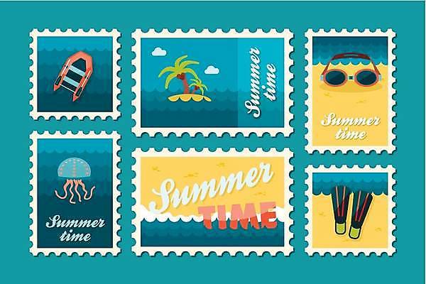 EPS 해외이미지 디자인 바다 섬 일러스트 해변 사람없음 여름휴가 바캉스 세트 야자수 보트 물안경 오리발 해파리 우표 해외일러스트 나무 배_교통 휴가 자포동물 수영용품 파일형식 벡터 여름_계절 이미지허브