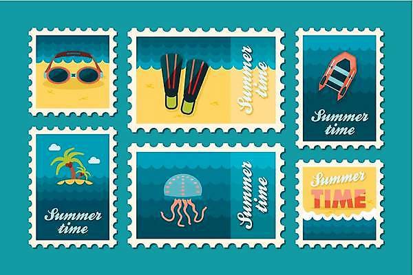 EPS 해외이미지 디자인 바다 섬 일러스트 휴가 해변 사람없음 여름휴가 바캉스 세트 야자수 보트 물안경 오리발 해파리 우표 해외일러스트 나무 배_교통 자포동물 수영용품 파일형식 벡터 여름_계절 이미지허브