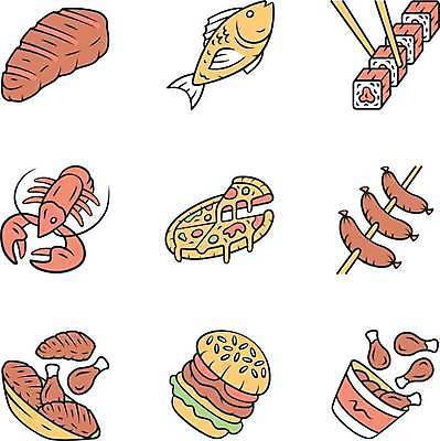 EPS 해외이미지 일러스트 젓가락 피자 육류 어류 스테이크 요리 사람없음 치킨 햄버거 소시지 꼬치 가재 롤스시 엘리먼트 해외일러스트 식재료 패스트푸드 서양음식 수저 갑각류 수중동물 초밥 가공식품 닭고기요리 일본음식 파일형식 벡터 이미지허브