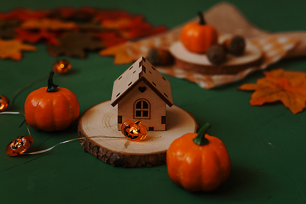 포토 JPG 해외이미지 호박 실내 사람없음 아웃포커스 미니어처 오브젝트 건축모형 나무받침 잭오랜턴 집모양 초록배경 해외포토 모양 백그라운드 채소 촬영기법 내부 목재 초록색 모형 할로윈 받침대 파일형식 이미지허브