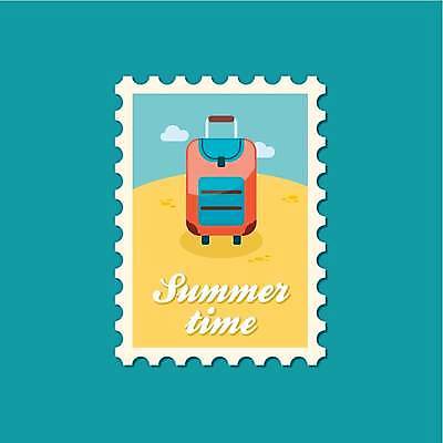 EPS 해외이미지 디자인 일러스트 하늘 해변 사람없음 여름휴가 바캉스 캐리어 우표 해외일러스트 바다 휴가 여행가방 파일형식 벡터 여름_계절 이미지허브