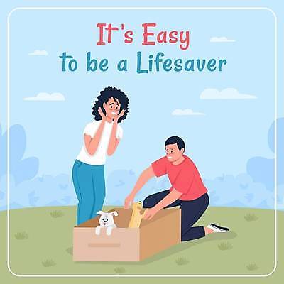 EPS 해외이미지 전신 여자 남자 하늘색 일러스트 텍스트 앉기 성인 두명 반려동물 상자 강아지 주인 발견 기르기 돌봄 유기견 입양 헬프 성인만 해외일러스트 동물 모션 사람 파란색 도움 개 파일형식 벡터 유기동물 이미지허브