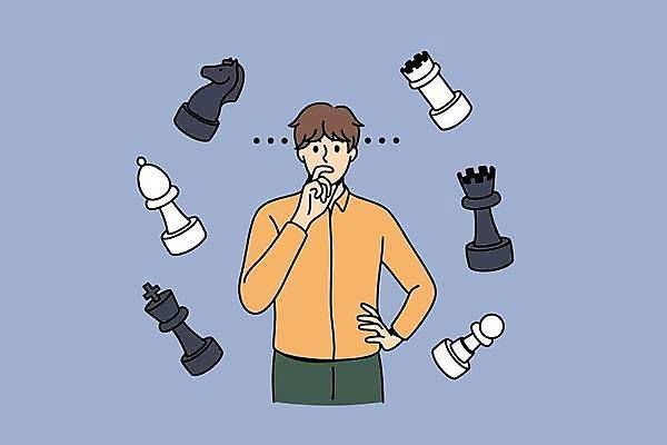 EPS 해외이미지 남자 허리손 일러스트 비즈니스 한명 성인 점 체스말 고민 성인남자한명만 해외일러스트 1 감정 포즈 사람 말_게임 체스 남자한명만 성인남자만 파일형식 벡터 이미지허브