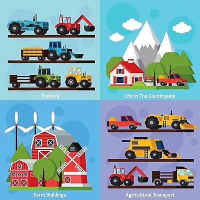 EPS 해외이미지 일러스트 산 주택 사람없음 농사 풍차 트럭 풍력에너지 농기구 포크레인 불도저 창고 해외일러스트 농업 자동차 건물 중장비 그린에너지 파일형식 벡터 이미지허브