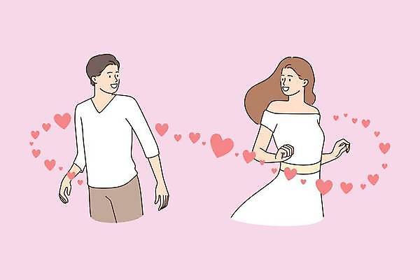 EPS 해외이미지 커플 여자 남자 분홍색 일러스트 함께함 사랑 상반신 성인 두명 마주보기 하트 뒤돌아보기 성인만 해외일러스트 모양 감정 컬러 컨셉 관계 모션 사람 파일형식 벡터 이미지허브