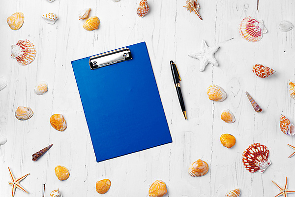 포토 JPG 해외이미지 불가사리 사람없음 파란색 만년필 조개껍데기 소라 나무탁자 서류판 카피스페이스 해외포토 컬러 탁자 조개 어패류 극피동물 펜 사무용품 공백 파일형식 이미지허브