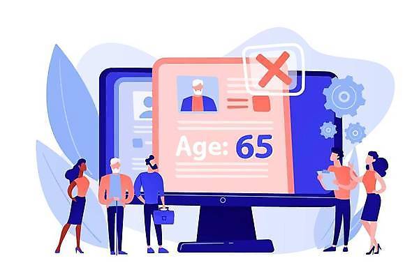 EPS 해외이미지 전신 여자 노년 남자 일러스트 들기 여러명 성인 파란색 모니터 구직 가리킴 거절 이력서 차별 코랄 해외일러스트 컬러 다수 컨셉 모션 사람 손짓 컴퓨터 파일형식 벡터 이미지허브