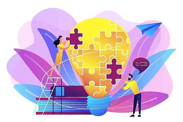 EPS 해외이미지 전신 라이프스타일 여자 남자 말풍선 일러스트 비즈니스 전구 사다리 아이디어 서기 들기 성인 두명 책 노란색 보라색 퍼즐 퍼즐조각 맞추기 얼굴없음 성인만 해외일러스트 컬러 조각 컨셉 모션 사람 생활 도구 파일형식 벡터 이미지허브