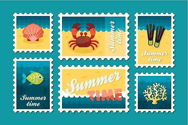 EPS 해외이미지 디자인 바다 일러스트 어류 해변 사람없음 여름휴가 바캉스 세트 게 조개껍데기 산호 오리발 우표 해외일러스트 휴가 조개 갑각류 수중동물 자포동물 파일형식 벡터 여름_계절 이미지허브