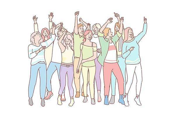 EPS 해외이미지 전신 여자 남자 행복 일러스트 함께함 서기 웃음 여러명 성인 친구 손들기 우정 춤 즐거움 성인만 해외일러스트 감정 다수 컨셉 관계 모션 문화예술 표정 사람 파일형식 벡터 이미지허브