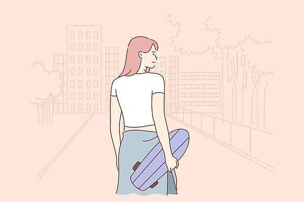 EPS 해외이미지 여자 일러스트 한명 들기 성인 뒷모습 스케이트보드 배꼽티 성인여자한명만 해외일러스트 1 뷰포인트 모션 사람 보드_스포츠 여자한명만 성인여자만 파일형식 벡터 이미지허브