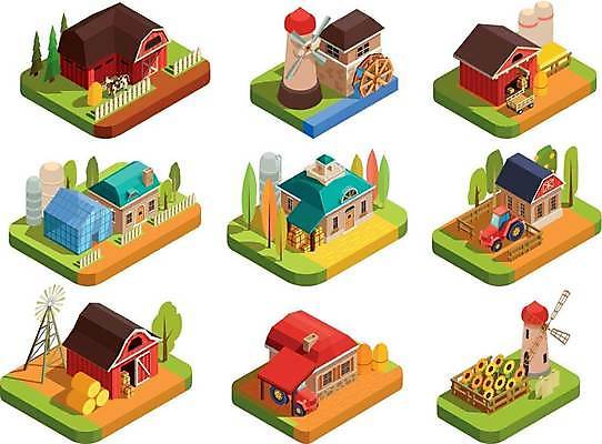 EPS 해외이미지 한마리 일러스트 해바라기 주택 사람없음 울타리 세트 농장 농사 풍차 젖소 창고 트랙터 아이소메트릭 물레방아 해외일러스트 1 꽃 농업 건물 담장 소 농기계 특수차량 파일형식 벡터 이미지허브