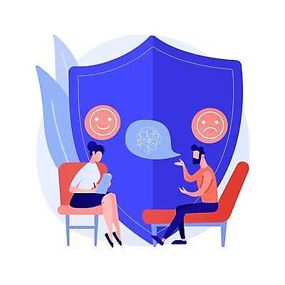 EPS 해외이미지 여자 남자 말풍선 의자 일러스트 건강 말하기 대화 들기 앉기 손짓 성인 환자 고민 상담 이모티콘 서류판 우울증 정신과의사 성인만 해외일러스트 감정 가구 의학 모션 사람 사무용품 의사 질병 파일형식 벡터 이미지허브