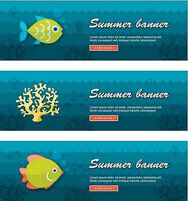 EPS 해외이미지 배너 가로배너 바다 일러스트 어류 사람없음 파란색 산호초 배너세트 해외일러스트 컬러 가로 세트 수중동물 수중식물 파일형식 벡터 이미지허브