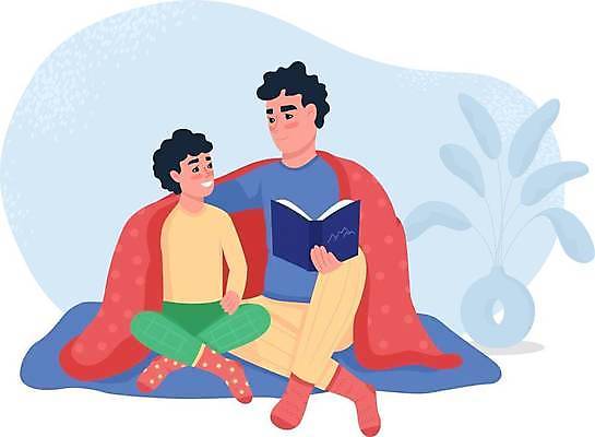 EPS 해외이미지 전신 응시 남자 화분 어린이 하늘색 일러스트 들기 앉기 소년 성인 두명 책 독서 아빠 담요 덮기 남자만 어깨에손 해외일러스트 시선 가족 모션 사람 파란색 파일형식 벡터 이미지허브