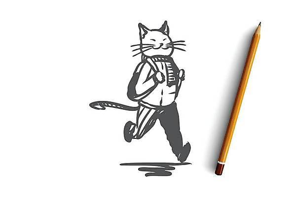 EPS 해외이미지 한마리 컨셉 일러스트 책가방 의인화 사람없음 달리기 고양이 스케치 즐거움 등교 손그림 고양이캐릭터 해외일러스트 1 감정 동물캐릭터 가방 포유류 모션 미술 반려동물 등하교 파일형식 벡터 이미지허브