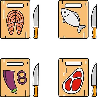EPS 해외이미지 일러스트 가지 도마 육류 요리 사람없음 연어 식칼 엘리먼트 해외일러스트 채소 식재료 주방용품 어류 파일형식 벡터 이미지허브