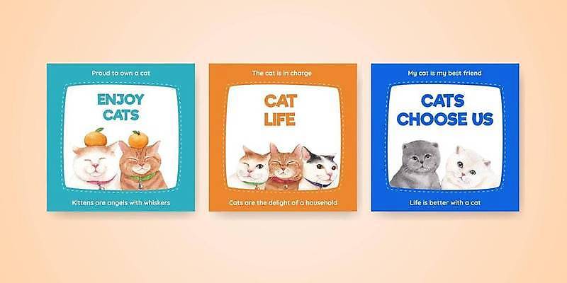 EPS 해외이미지 동물 캐릭터 배너 일러스트 포유류 수채화 털 반려동물 귀여움 고양이 만화 그림 솜털 마스코트 마케팅 해외일러스트 일러캐릭터 컨셉 파일형식 벡터 이미지허브